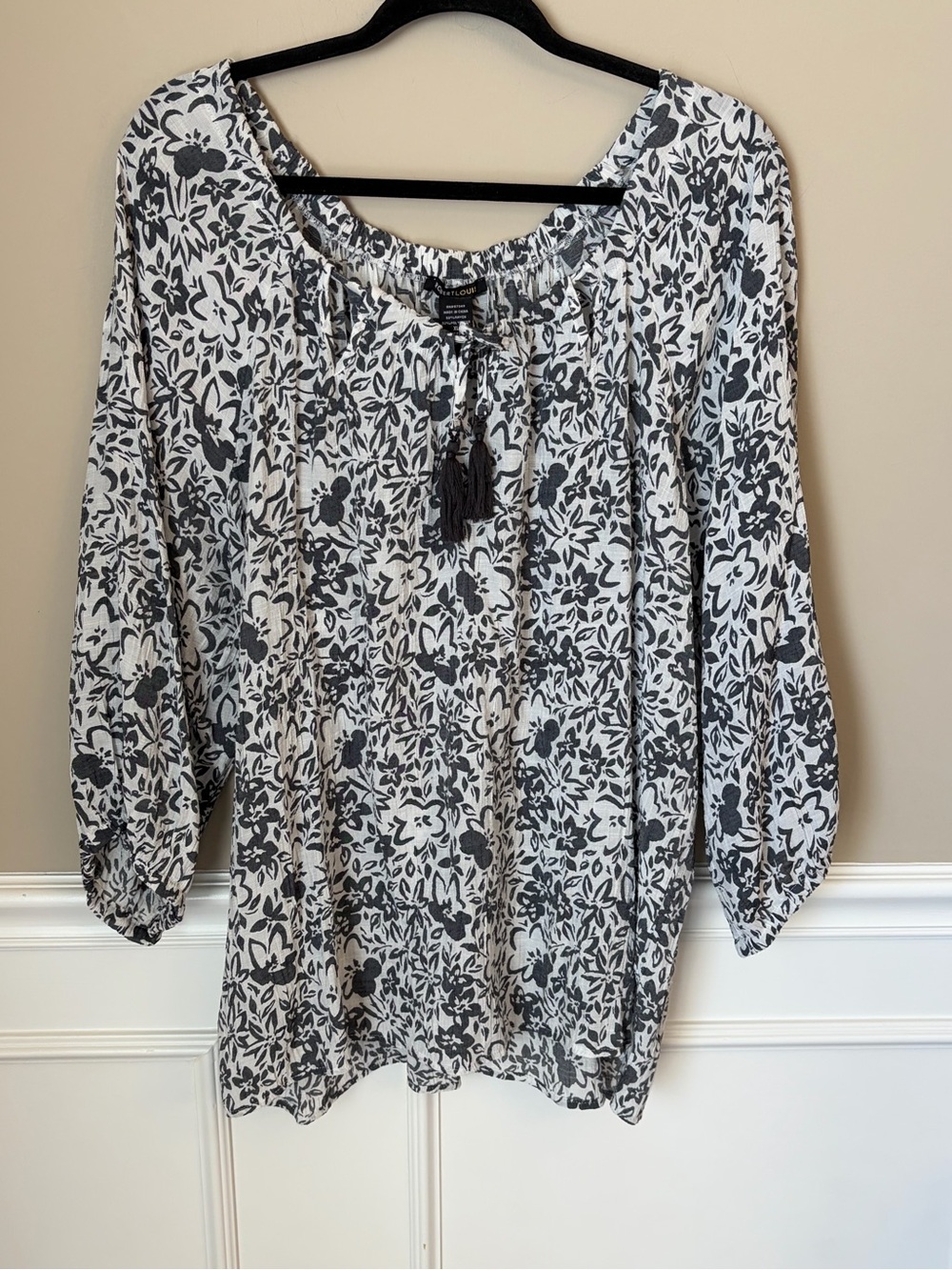Robert Louis Blue and White Floral Boho Peasant Blouse, XL, Flowy Cottagecore